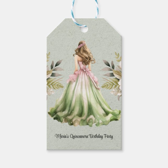 Grönt och Rosa Quinceanera-Födelsedagsfest Presentetikett (Framsidan)