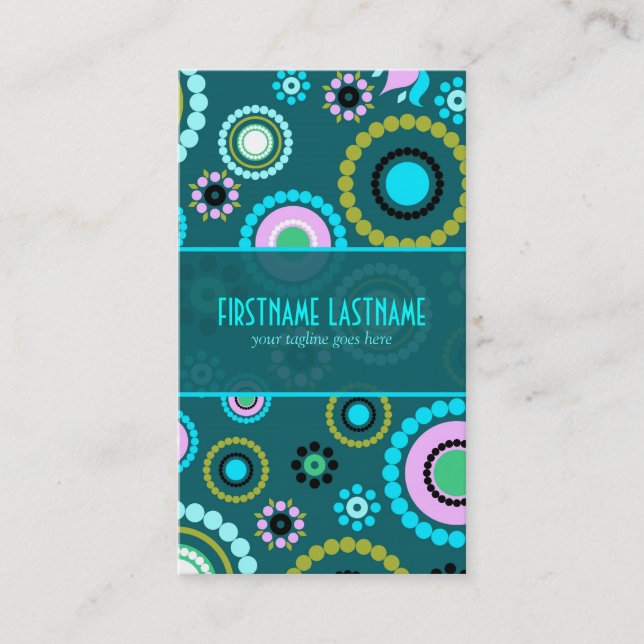 Grönt och Rosa Retrocirkel och blommor Mönster Visitkort (Framsida)