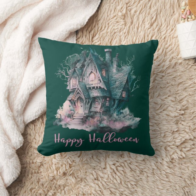 Grönt och rosa spökhus Grattis Halloween Kudde (Filt)