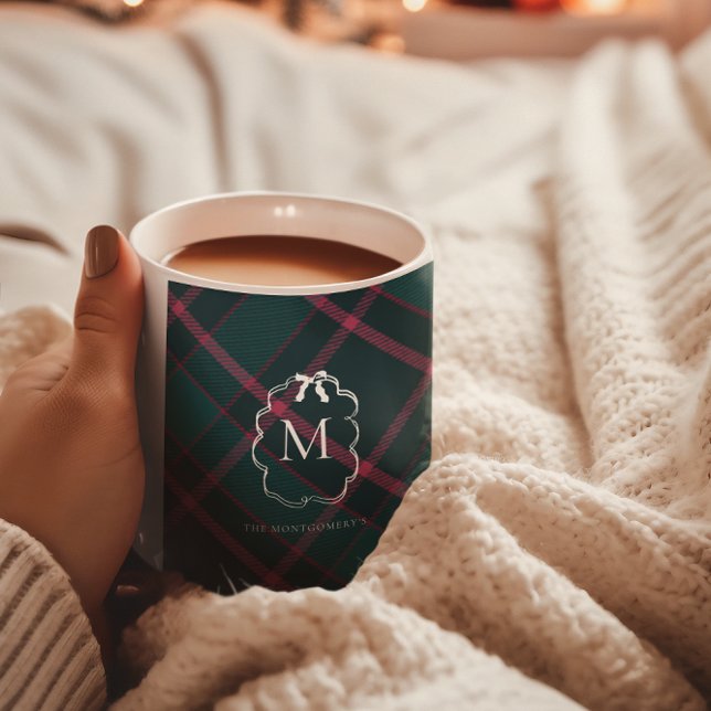 Grönt och Rosa Tartan | Anpassningsbar Monogram 2  Kaffemugg (Skapare uppladdad)