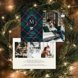 Grönt och Rosa Tartan Coquette Bow Monogram Julkort