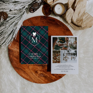 Grönt och Rosa Tartan Coquette Bow Monogram Phot Julkort