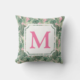 Grönt och Rosa Tropical Löv | Monogram Cabana Kudde