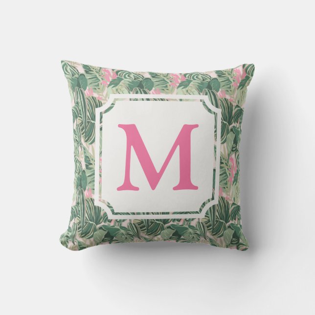 Grönt och Rosa Tropical Löv | Monogram Cabana Kudde (Framsida)