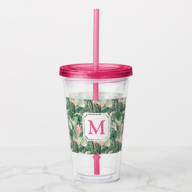 Grönt och Rosa Tropical Löv | Monogram Cabana Take Away Mugg (Framsida)