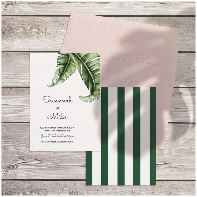 Grönt och Rosa Tropiskt Banana Handflatan Löv Inbjudningar (Optional stripes on Back)