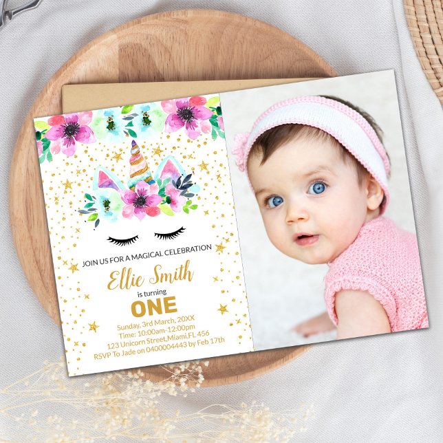 Grönt och Rosa Unicorn Birthday Investigation with Inbjudningar (Green Pink Unicorn Invitations with photo)