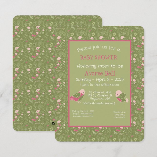 Grönt och Rosa Utfällbar fågel Flicka Shower Julkort (Fram/baksida)