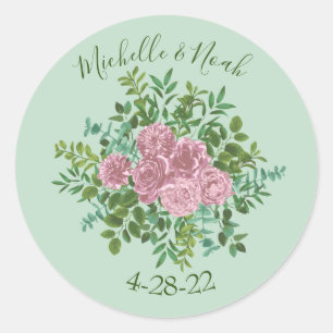 Grönt och Rosa Vintage bröllop Blommigt Pastel Runt Klistermärke