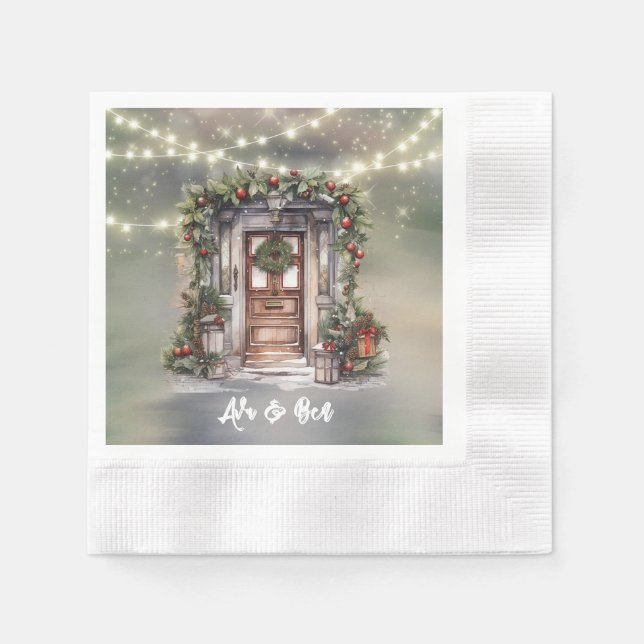 Grönt och rött berry dekorerat ljusdörr jul pappersservett (Framsidan)
