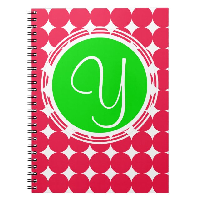 Grönt och rött polka, punktmonogram anteckningsbok med spiral (Framsidan)