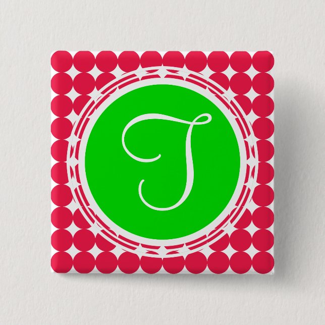 Grönt och rött polka, punktmonogram knapp (Framsida)