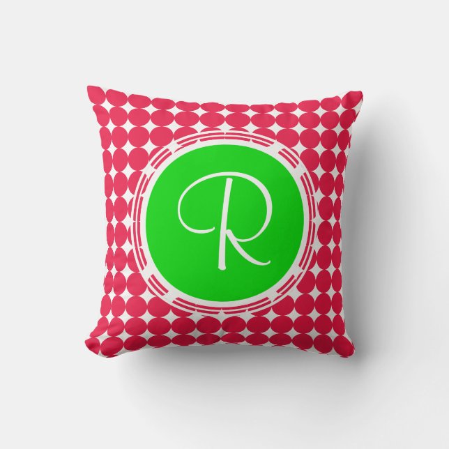 Grönt och rött polka, punktmonogram kudde (Framsida)