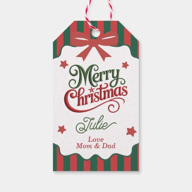 Grönt och rött randigt God Jul Presentetikett (Baksidan)