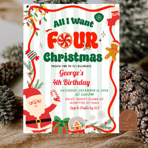 Grönt och Rött Retro Jul Vinter 4-års Födelsedag Inbjudningar