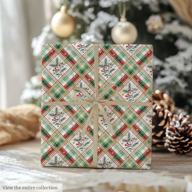 Grönt och rött vattenfärgarrangerat rutmönstrat pr presentpapper (Holiday green & red watercolor checkered wrap roll)