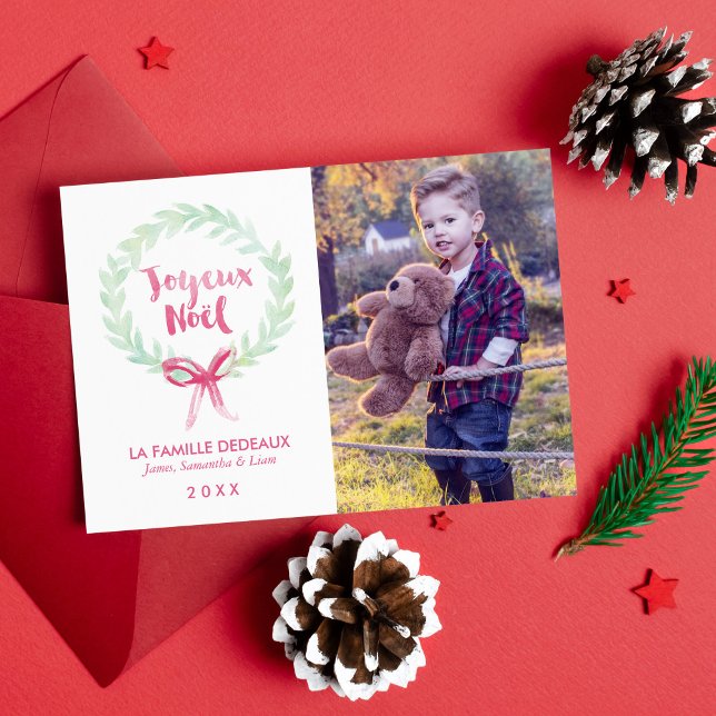 Grönt och rött vattenfärgkranJoyeux Noël foto Julkort (Skapare uppladdad)