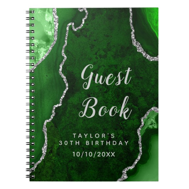 Grönt och Silver Agate Birthday Guest Bok Anteckningsbok (Framsidan)