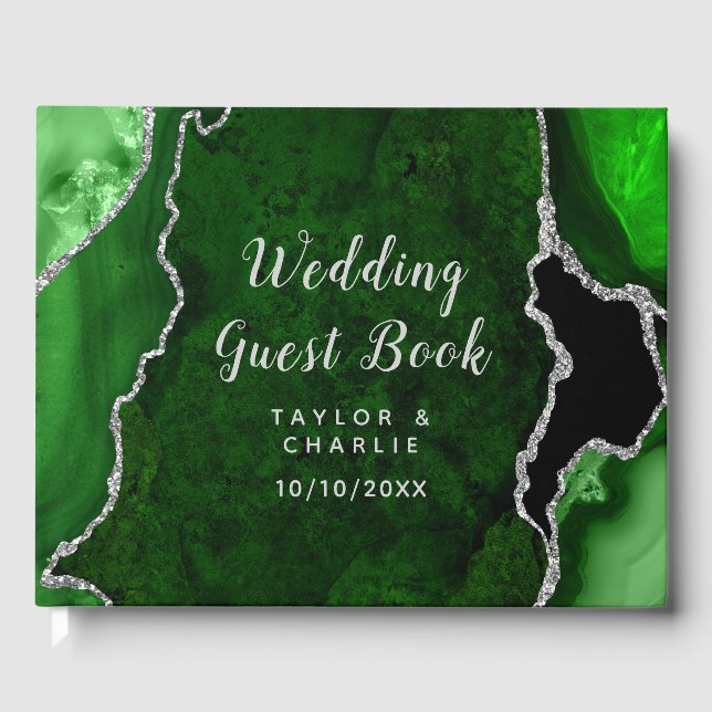 Grönt och Silver Agate Marble Bröllop Gästböcker (Framsida)