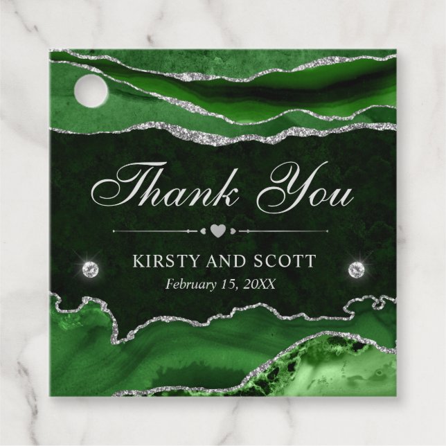 Grönt och Silver Glitter Marble Bröllop Gåvor Etiketter (Framsida)