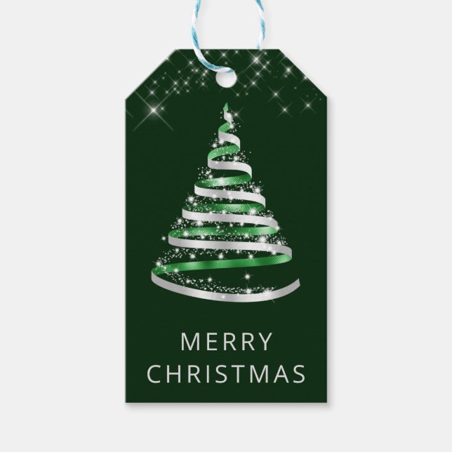 Grönt och Silver Ribbon & Glitter Julgran Presentetikett (Framsidan)