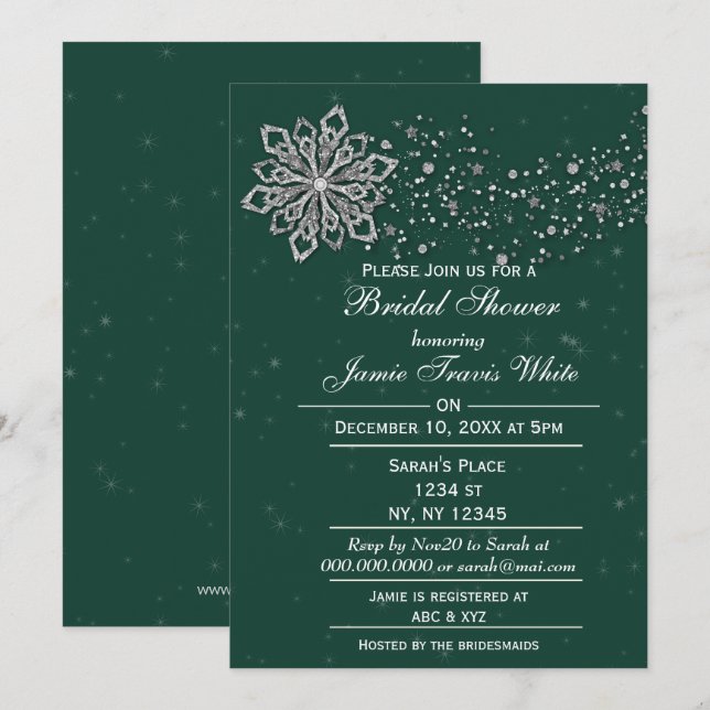 grönt och Silver Winter Möhippa inbjudan (Fram/baksida)