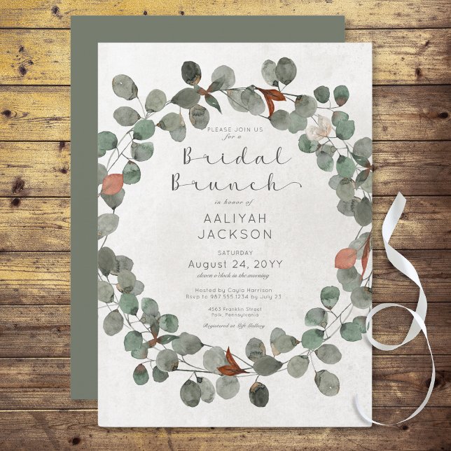 Grönt och skorstenseukalyptus Modern Möhippa Brunc Inbjudningar (Green & Rust Eucalyptus Modern Bridal Brunch Invitation)