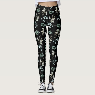 Grönt och svart botaniskt Löv Leggings