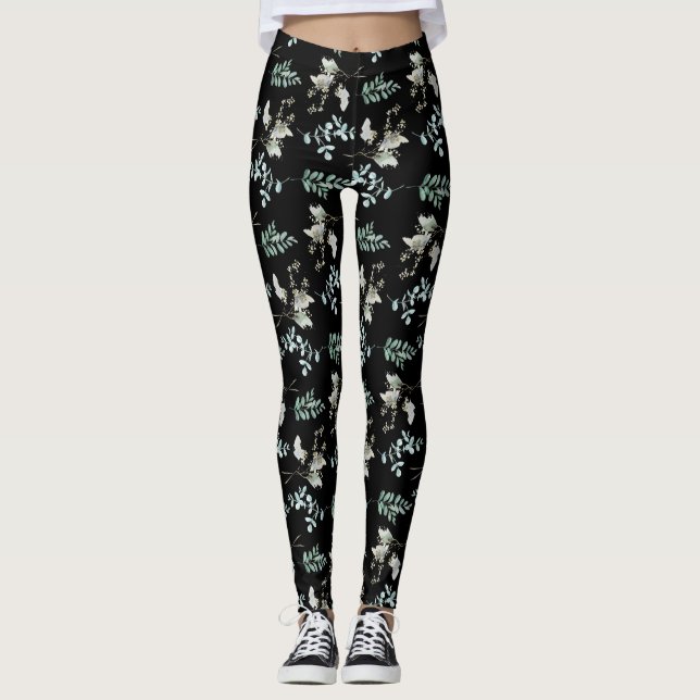 Grönt och svart botaniskt Löv Leggings (Framsida)