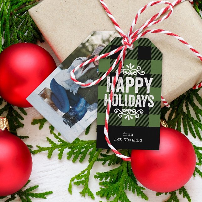 Grönt och svart Buffalo Check Rustic Helgdag Photo Presentetikett (Skapare uppladdad)