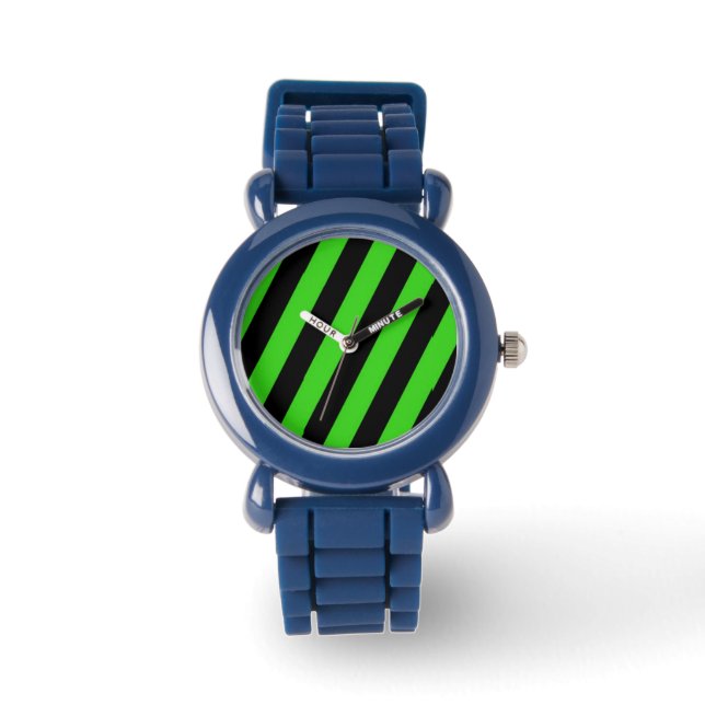 Grönt och svart diagonal rand mönster armbandsur (Framsida)