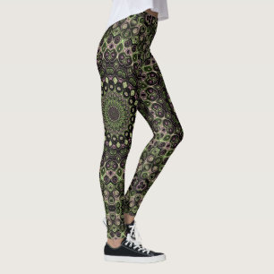 Grönt och svart Kalejdoskop Mandala Mönster Leggings