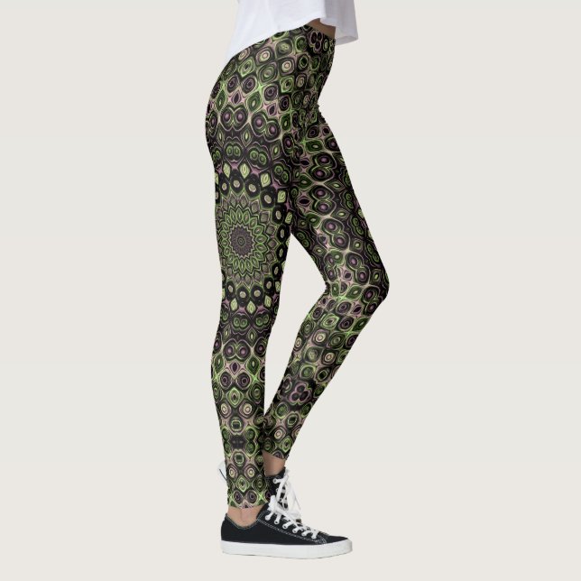 Grönt och svart Kalejdoskop Mandala Mönster Leggings (Höger)