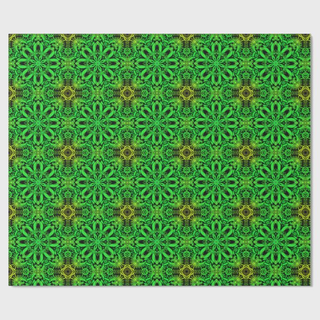 Grönt och svart Kalejdoskopiskt Fraktalmönster Presentpapper (Platt)