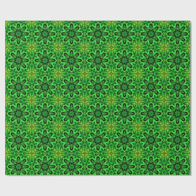 Grönt och svart Kalejdoskopiskt Fraktalmönster Presentpapper (Platt)
