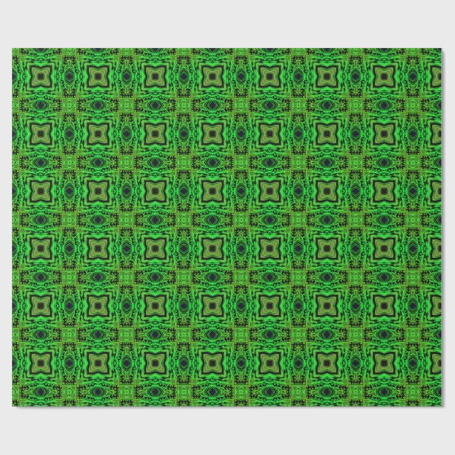 Grönt och svart Kalejdoskopiskt Fraktalmönster Presentpapper (Platt)