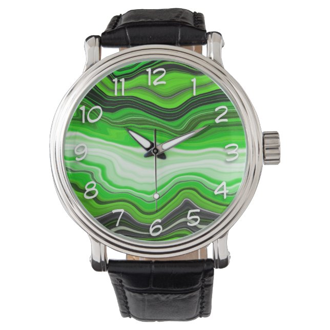 Grönt och svart marmor som Stripe Fluid Art Armbandsur (Framsida)