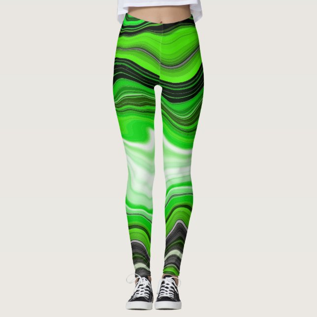 Grönt och svart marmor som Stripe Fluid Art Leggings (Framsida)