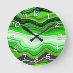 Grönt och svart marmor som Stripe Fluid Art    Rund Klocka