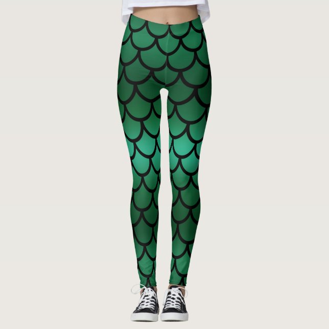 Grönt och svart Sjöjungfru skalar Fantasy Fish Leggings (Framsida)