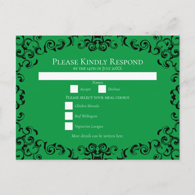 Grönt och svart Swirl Gothic Bröllop Helg Vykort (Framsida)