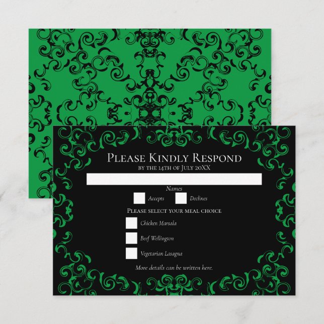 Grönt och svart Swirl Gothic Bröllop Inbjudningar (Fram/baksida)