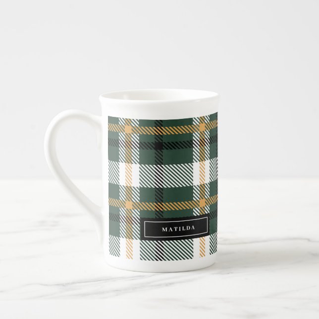 Grönt och svart tartankontroll - jul benporslin mugg (Vänster)