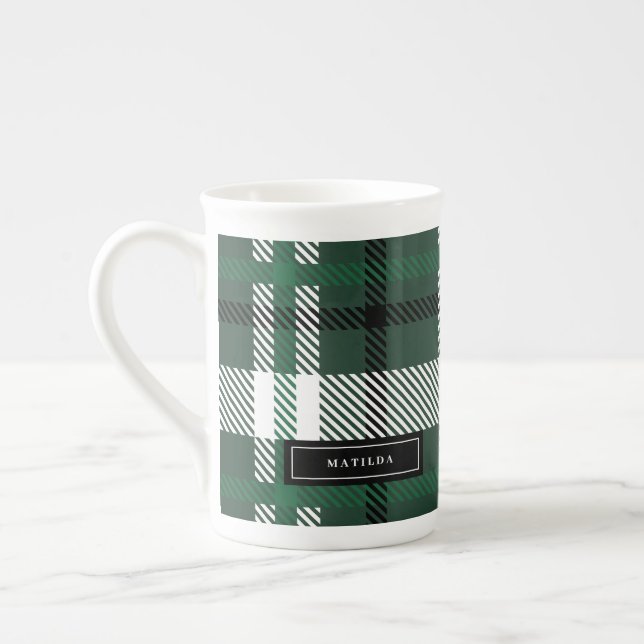 Grönt och svart tartankontroll - jul benporslin mugg (Vänster)