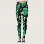 Grönt och svart Tropical Monstera Löv Leggings<br><div class="desc">Ballar med Grönt Tropical Monstera Löv mönster mot svart bakgrund.</div>