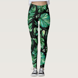 Grönt och svart Tropical Monstera Löv Leggings
