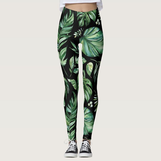 Grönt och svart Tropical Monstera Löv Leggings (Framsida)