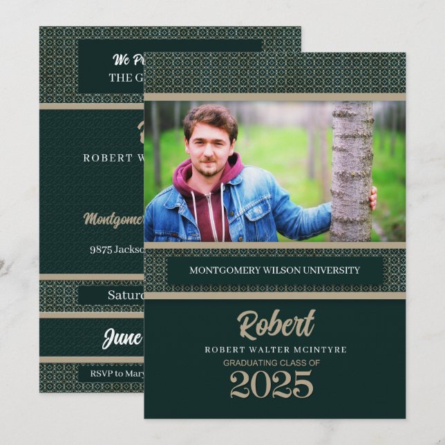 Grönt och tejp Studenten klass 2025 Foto Inbjudningar (Fram/baksida)