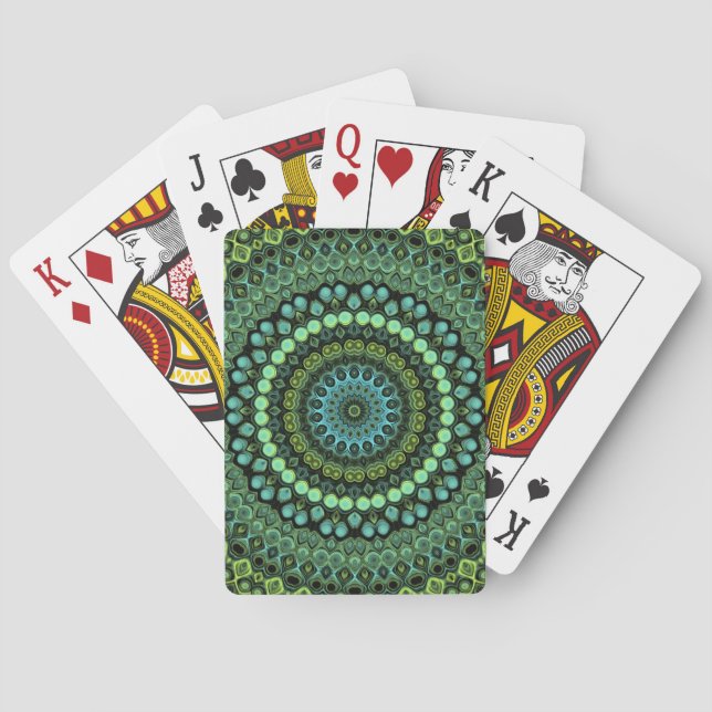 Grönt och turkost Kalejdoskopiskt Mandalamönster Casinokort (Baksidan)