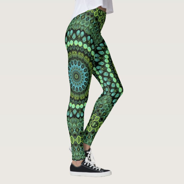 Grönt och turkost Kalejdoskopiskt Mandalamönster Leggings (Höger)